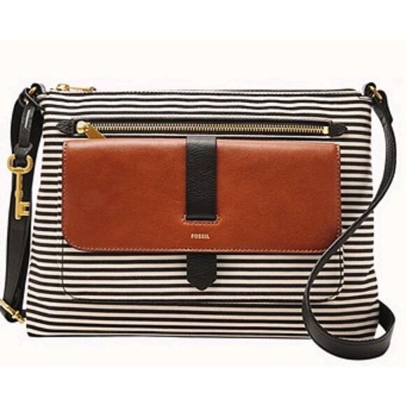 Fossil Kinley Striped Leather Zip Closure Convertible Crossbody Satchel Purse - Picture 1 of 10